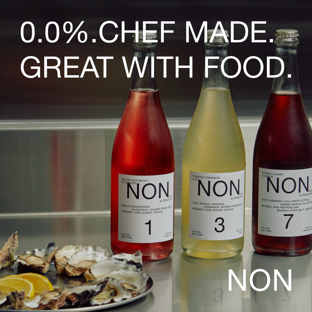 Three bottles of NON alcohol-free wine alternatives, numbered 1, 3 and 7, beside a plate of oysters and lemon, under the headline “Chef made. Great with food.”